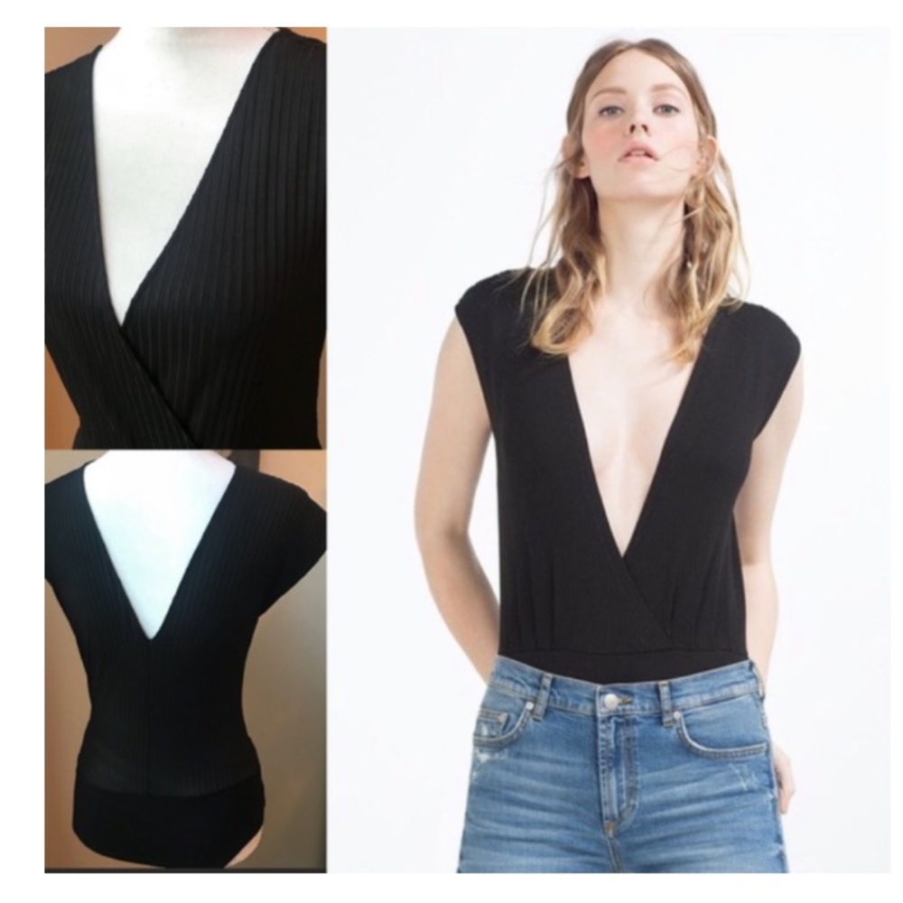 Black Ribbed Plunge Bodysuit